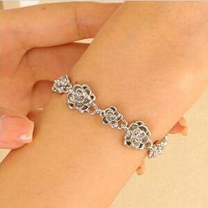 Camellia Rose Silver Flower Link Bracelet Floral Links 3D Flowers Roses New